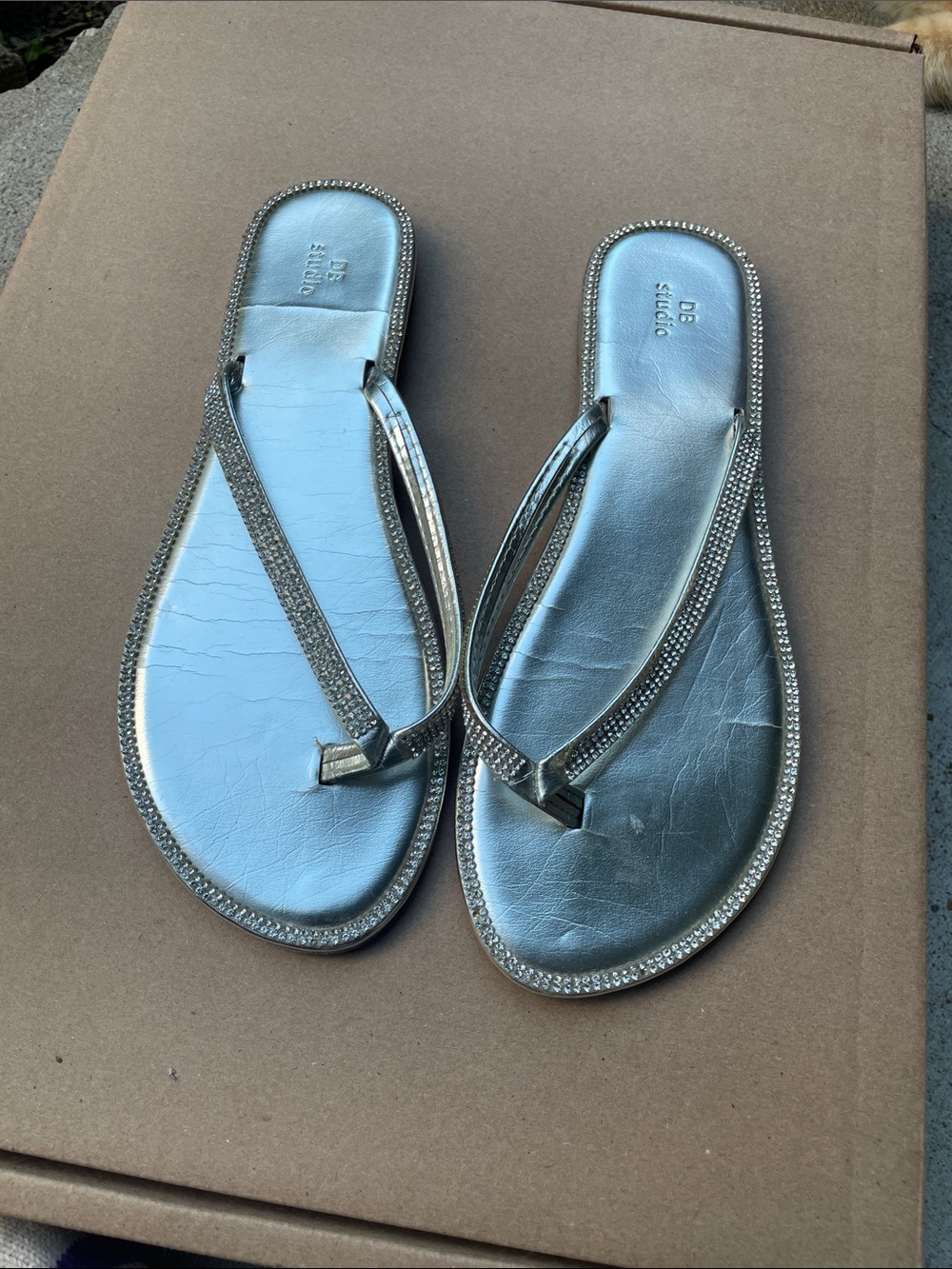 Metallic Silver Rhinestone Thong Sandals - Women's